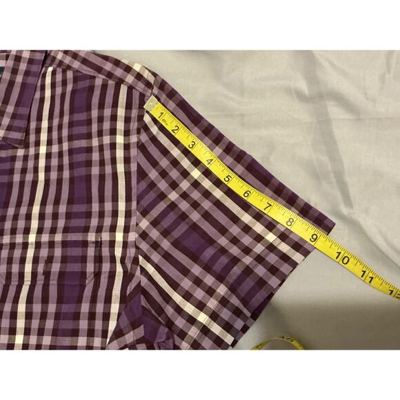 PERRY ELLIS Men's Shirt Large Violet white Plaid Short Sleeve Linen Cotton - Picture 6 of 8